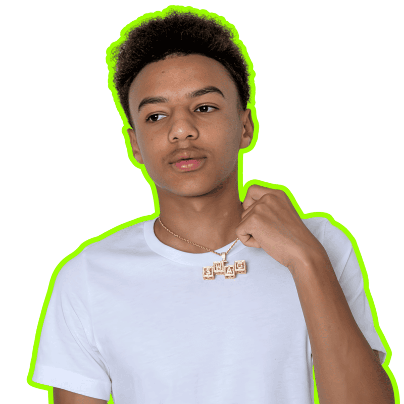 Young black male model wearing a gold block swag pendant.