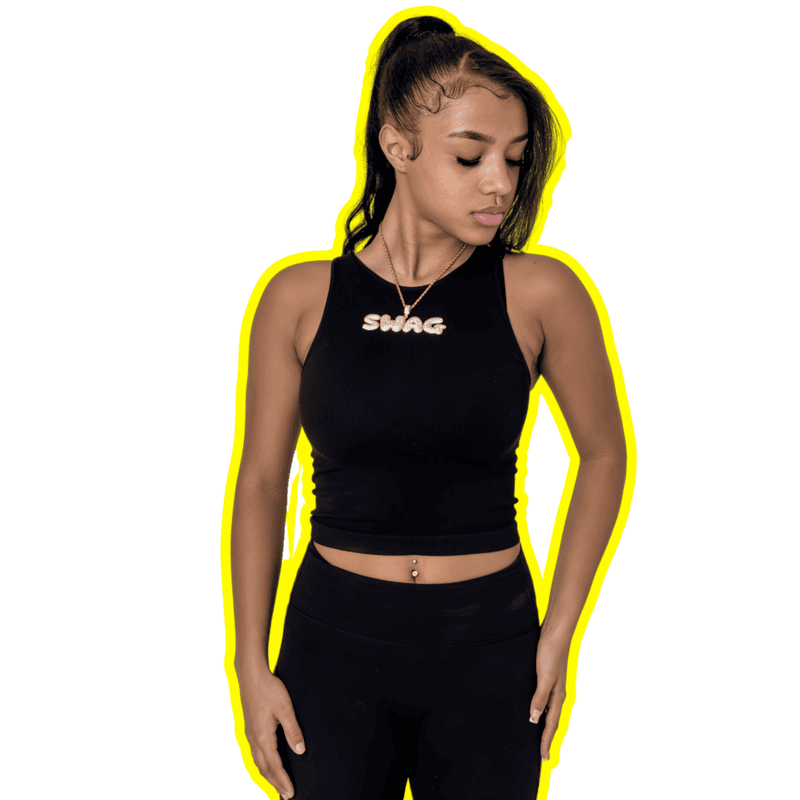 Female model wearing custom swag name pendant.