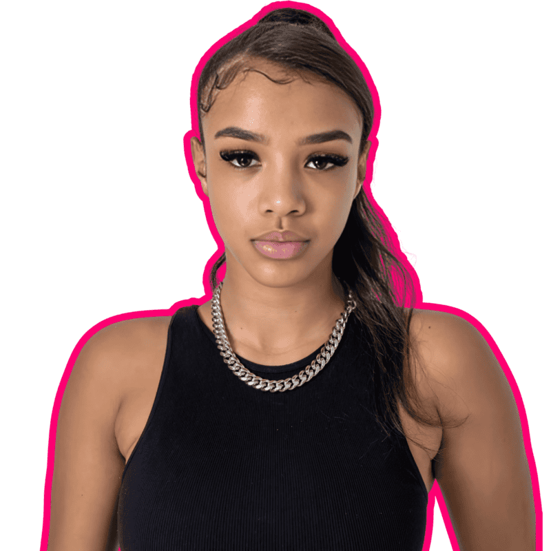 Female model wearing silver cuban link chain with pink outline.